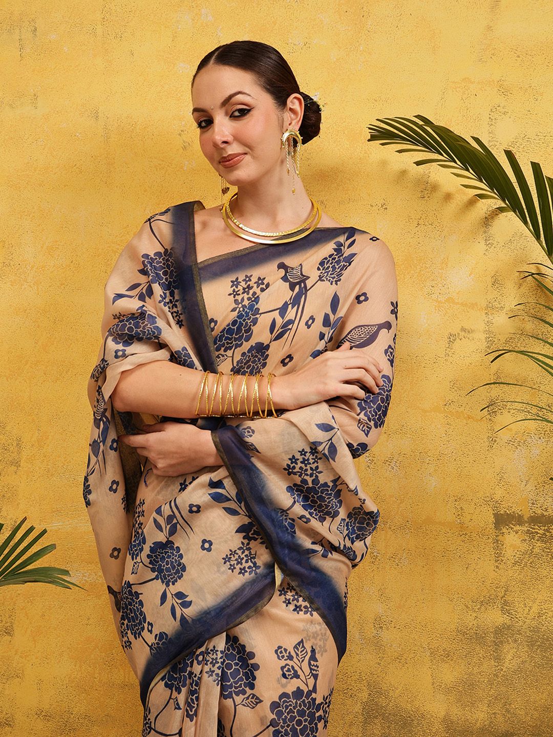 Beige & Black Floral Printed Silk Cotton Saree – Solid Border – Ready to Wear