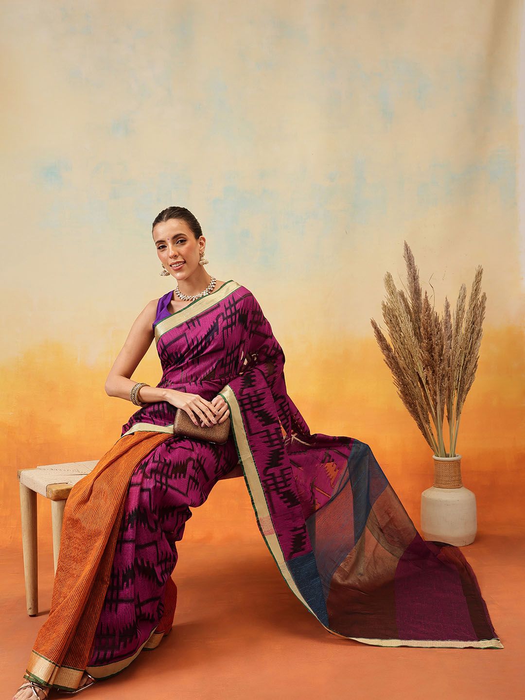 Purple & Blue Jamdani Cotton Saree – Zari Border – Abstract Woven Design