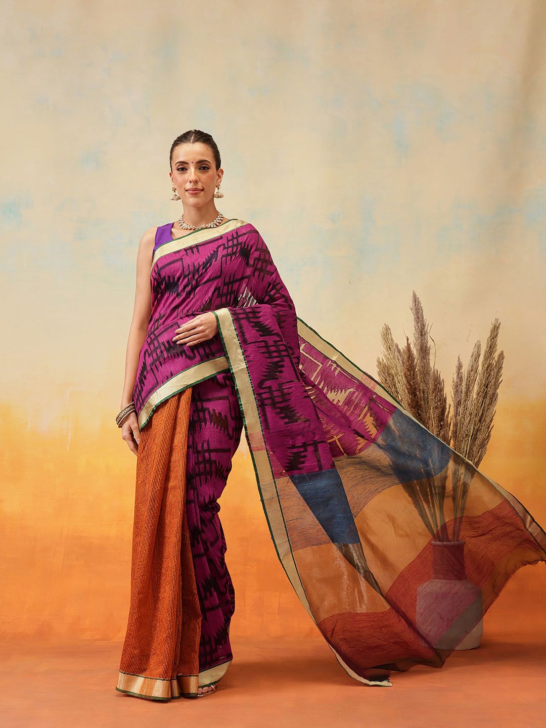 Purple & Blue Jamdani Cotton Saree – Zari Border – Abstract Woven Design