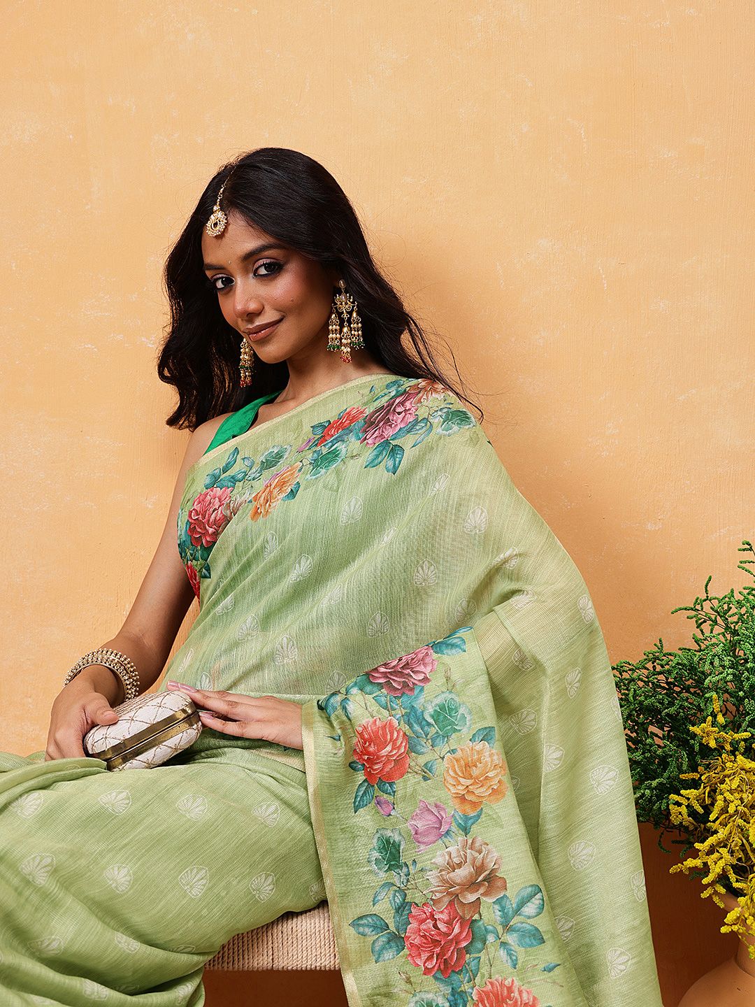 Olive Green & Pink Banarasi Silk Cotton Saree – Printed Border – Floral Print
