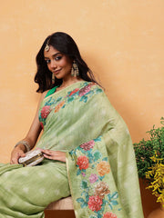 Olive Green & Pink Banarasi Silk Cotton Saree – Printed Border – Floral Print