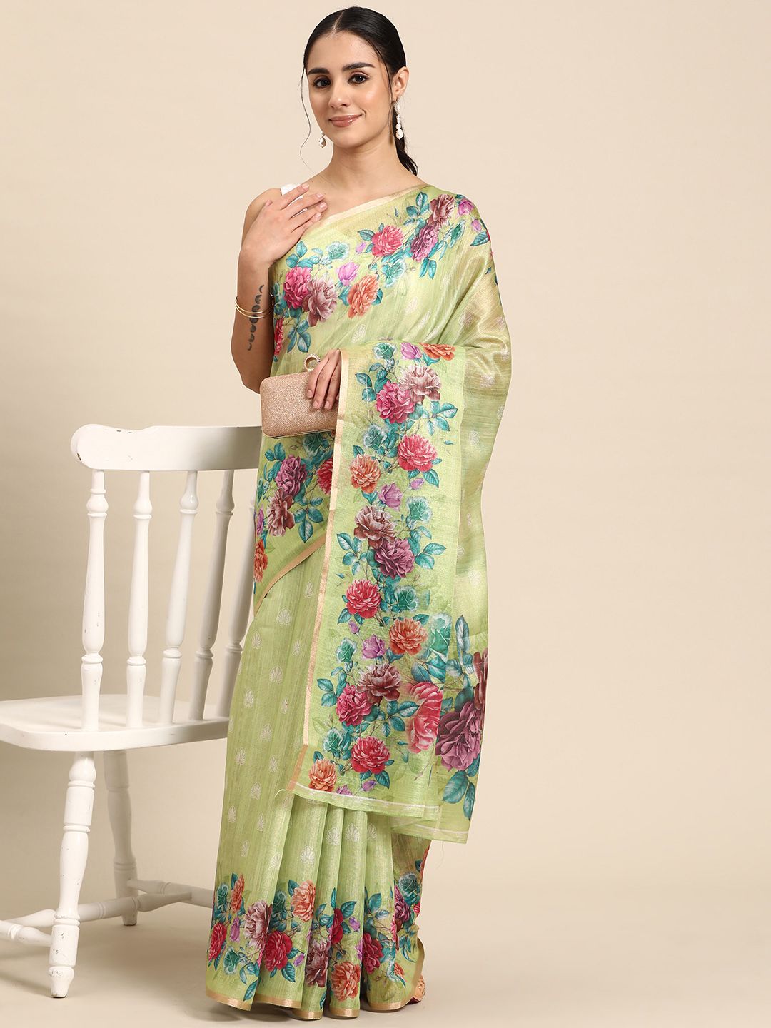 Olive Green & Pink Banarasi Silk Cotton Saree – Printed Border – Floral Print