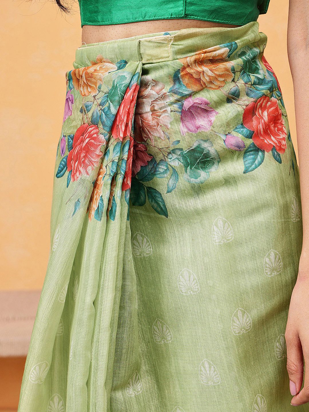 Olive Green & Pink Banarasi Silk Cotton Saree – Printed Border – Floral Print