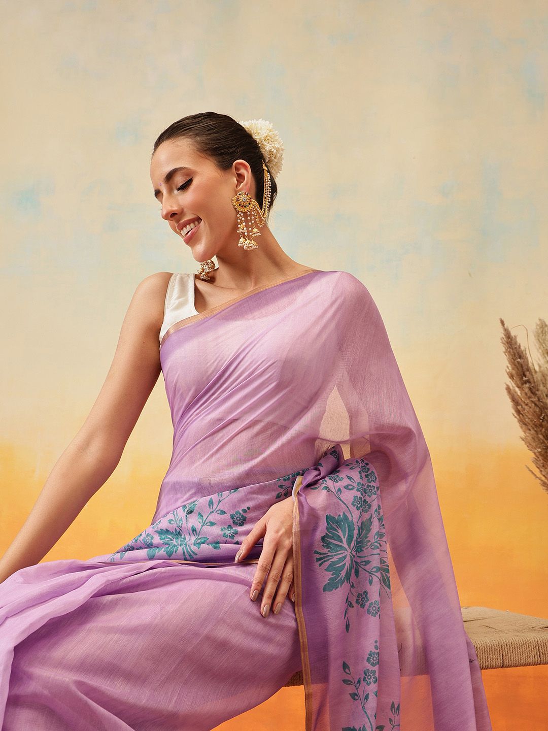 Purple Block Print Tissue Saree – No Border – Floral Zari Work