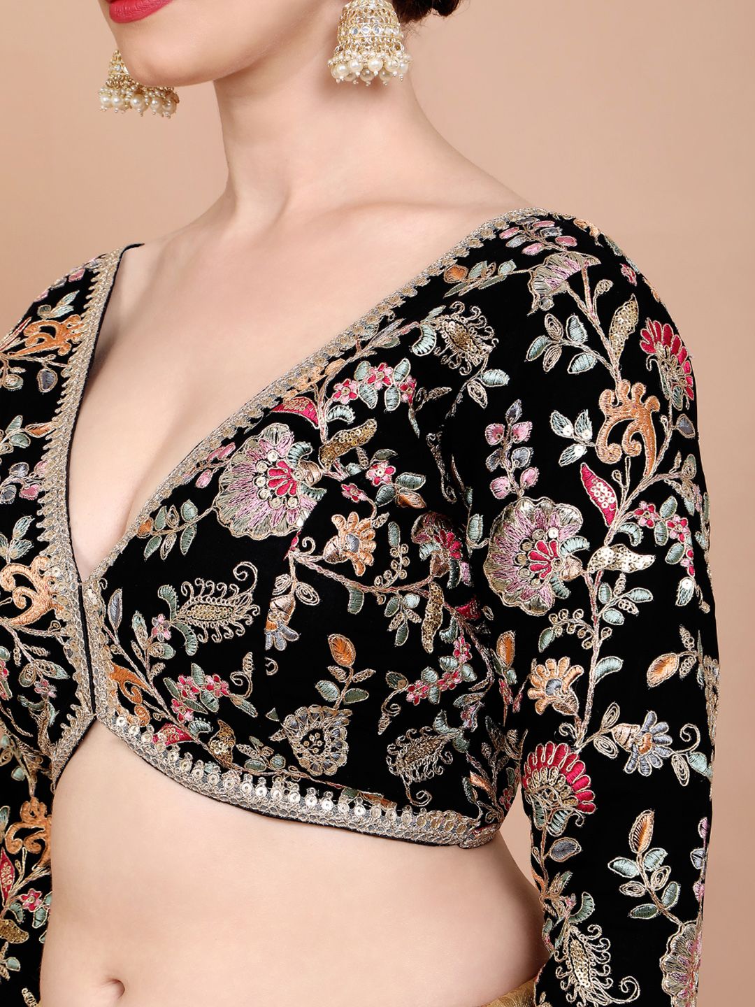 Black Georgette Saree Blouse – V-Neck – Embroidered