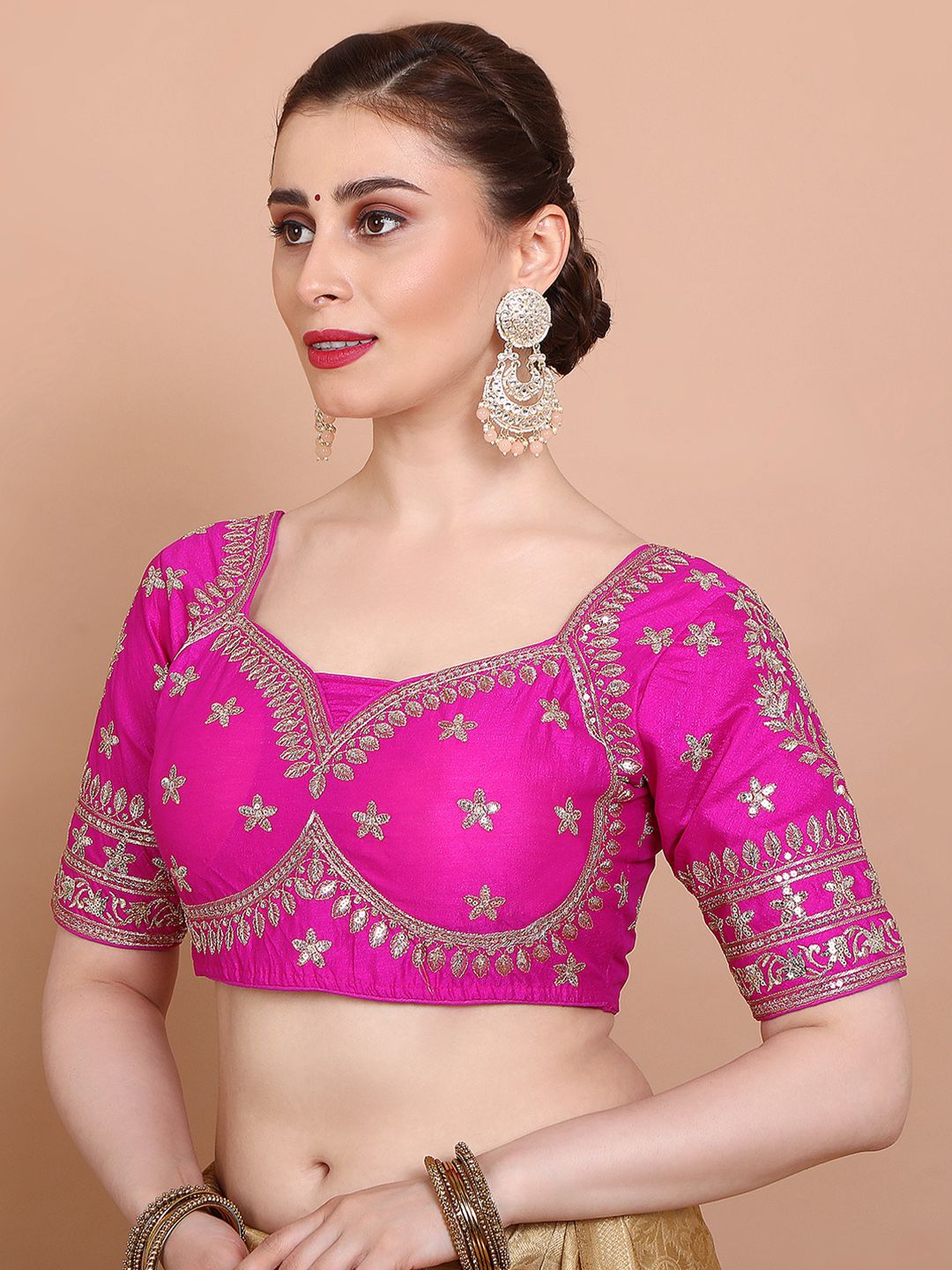 Pink Embroidered Silk Saree Blouse – Sweetheart Neck – Sequin & Thread Work