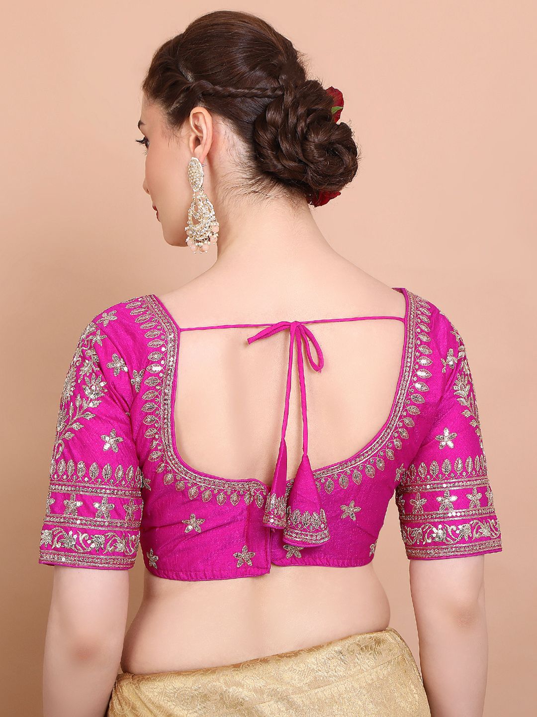 Pink Embroidered Silk Saree Blouse – Sweetheart Neck – Sequin & Thread Work