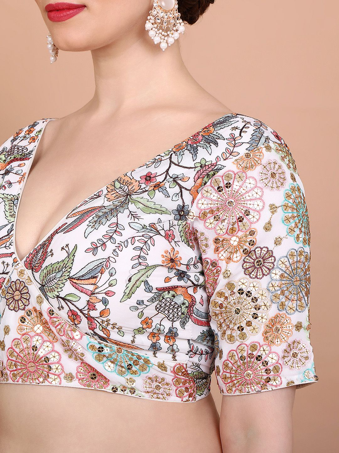 Off-White Embroidered Georgette Saree Blouse – V-Neck – Sequin & Thread Work