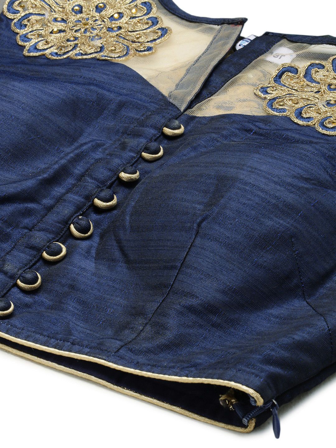 Navy Blue Embroidered Art Silk Saree Blouse – Round Neck – Thread Work