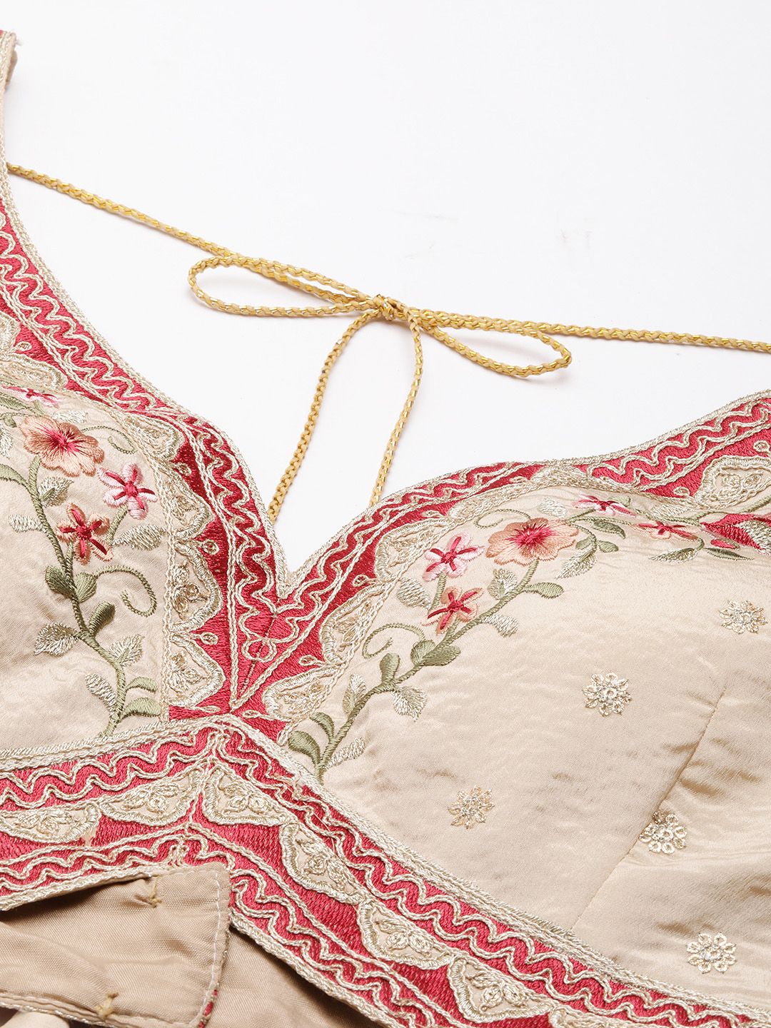 Beige Silk Saree Blouse – V-Neck – Thread Embroidered