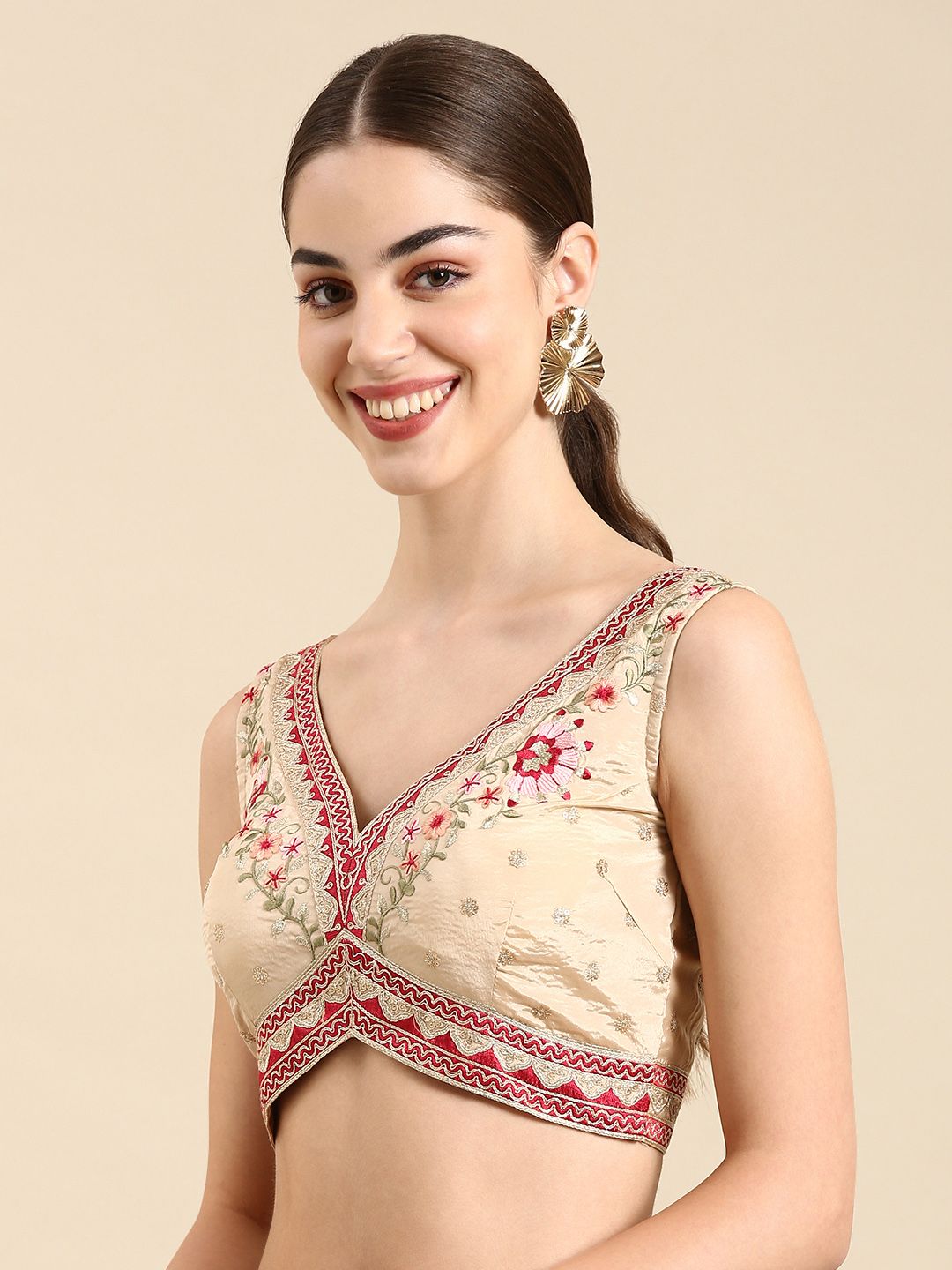 Beige Silk Saree Blouse – V-Neck – Thread Embroidered