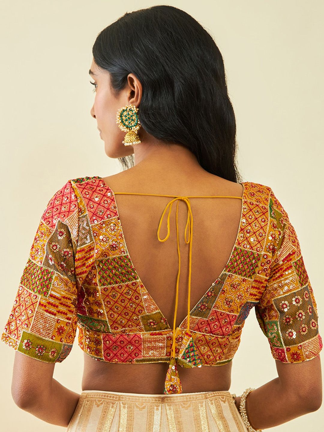 Mustard Yellow Tussar Saree Blouse – V-Neck – Sequinned