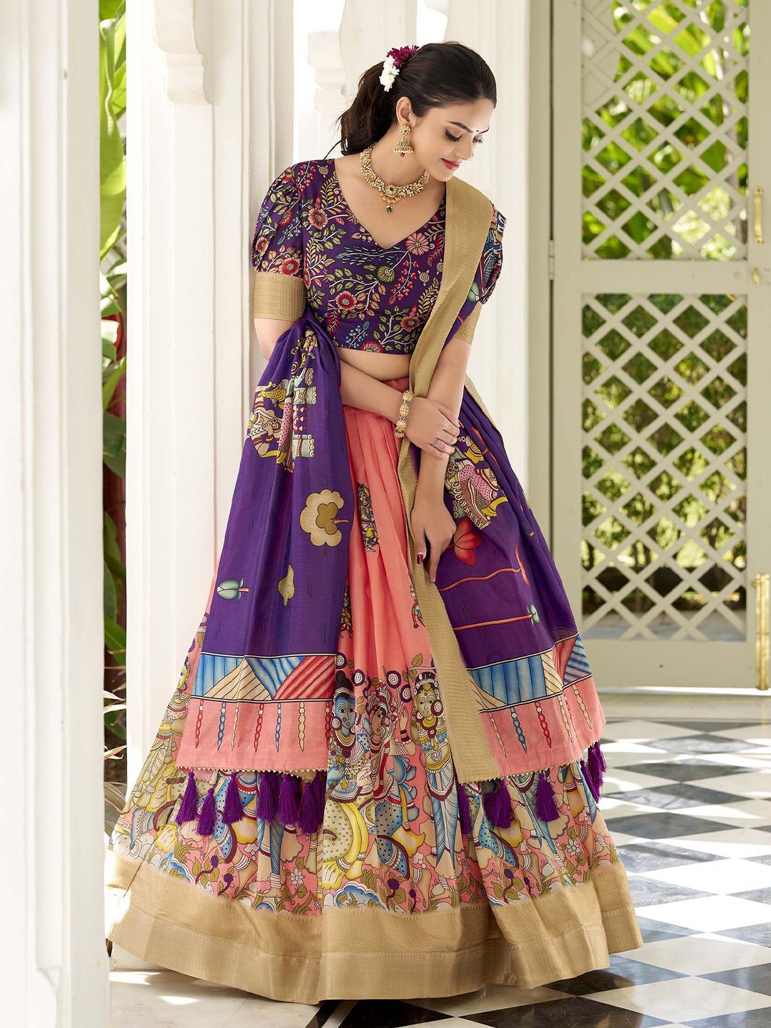 Peach & Purple Flared Silk Lehenga Set – V-Neck – Kalamkari Print