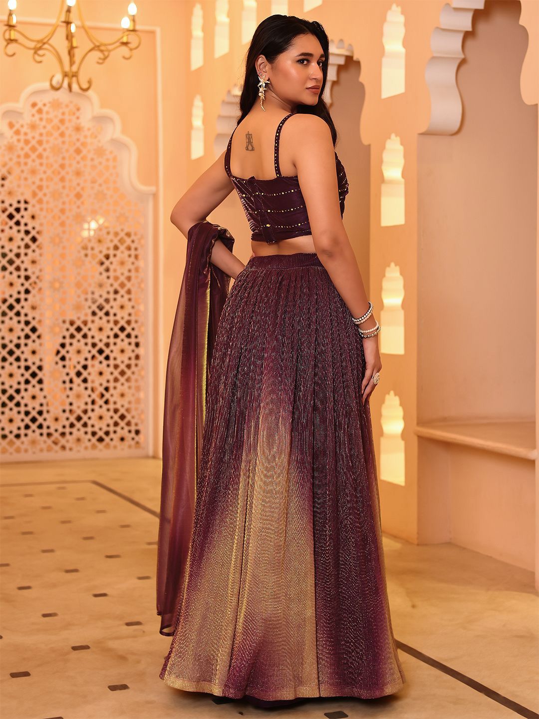 Magenta Flared Polyester Lehenga – Sleeveless – Sequinned Embellished