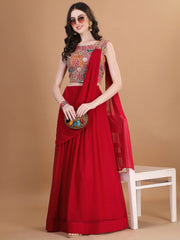 Pink & Green Flared Georgette Lehenga Set – Boat Neck – Thread Work Embroidered