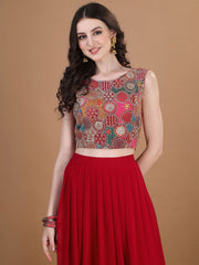 Pink & Green Flared Georgette Lehenga Set – Boat Neck – Thread Work Embroidered