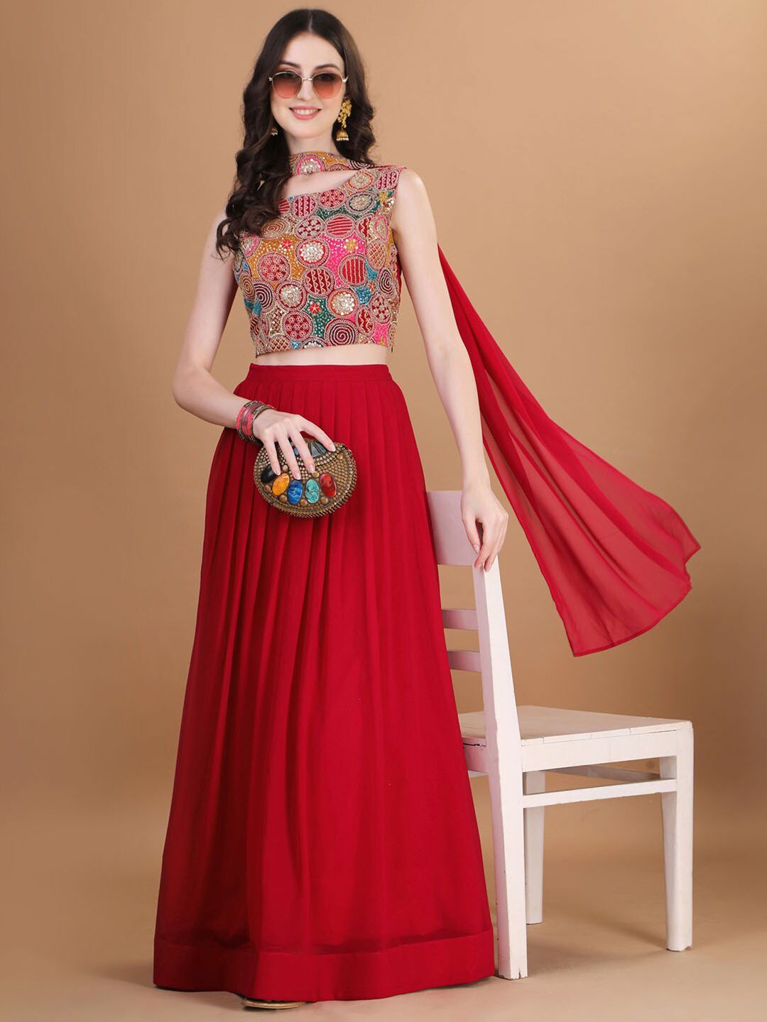 Pink & Green Flared Georgette Lehenga Set – Boat Neck – Thread Work Embroidered