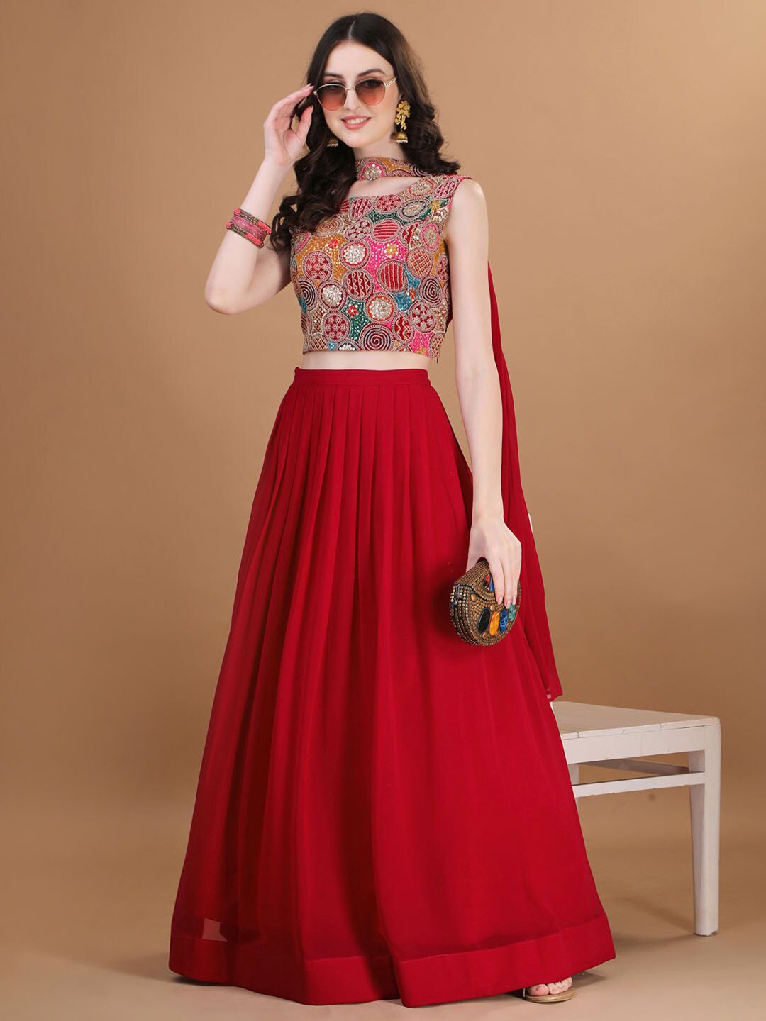 Pink & Green Flared Georgette Lehenga Set – Boat Neck – Thread Work Embroidered