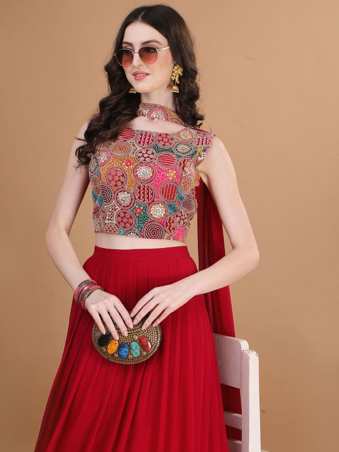 Pink & Green Flared Georgette Lehenga Set – Boat Neck – Thread Work Embroidered