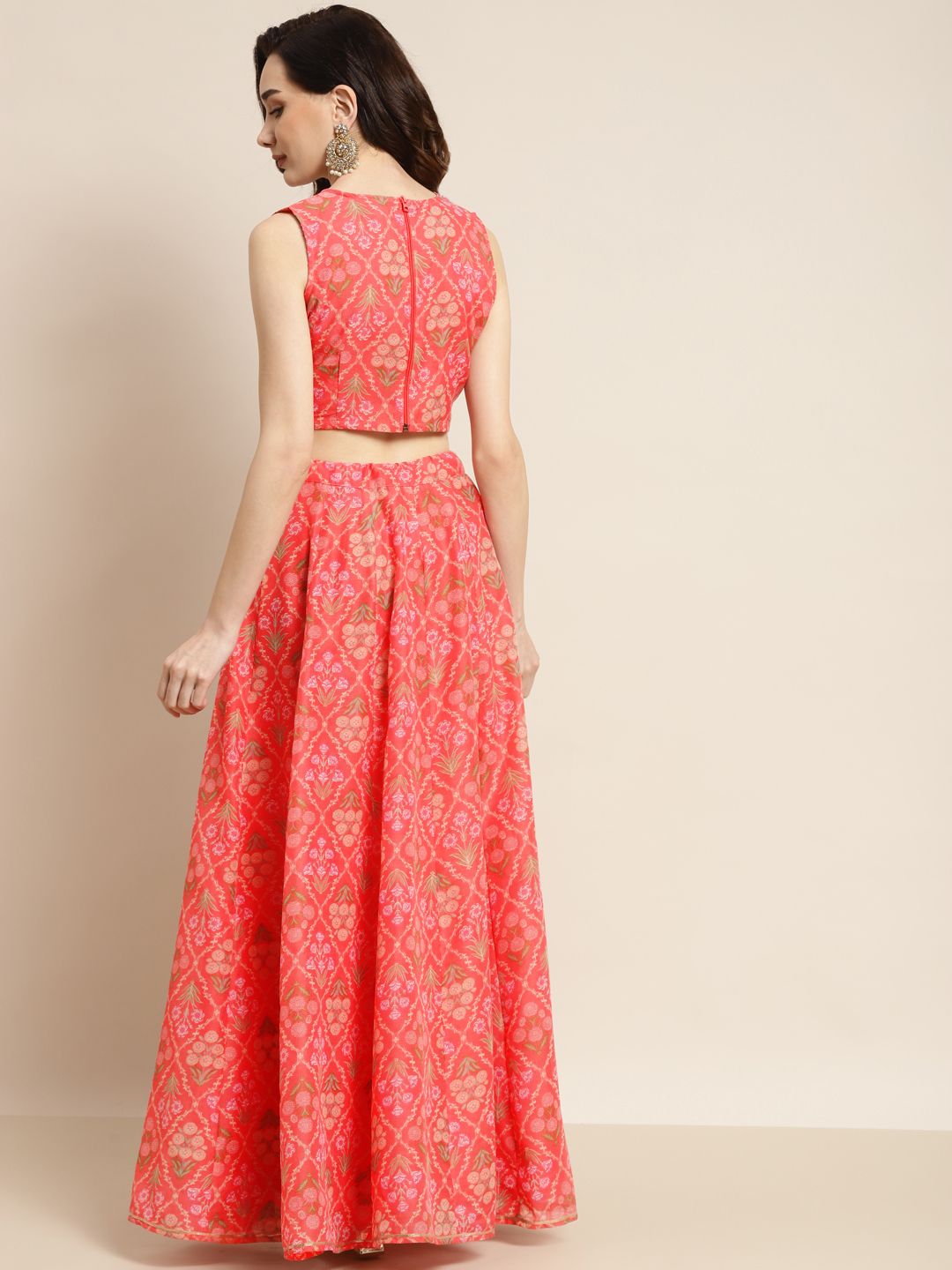 Peach & Olive Green Printed Polyester Lehenga Choli – V-Neck – Gotta Patti