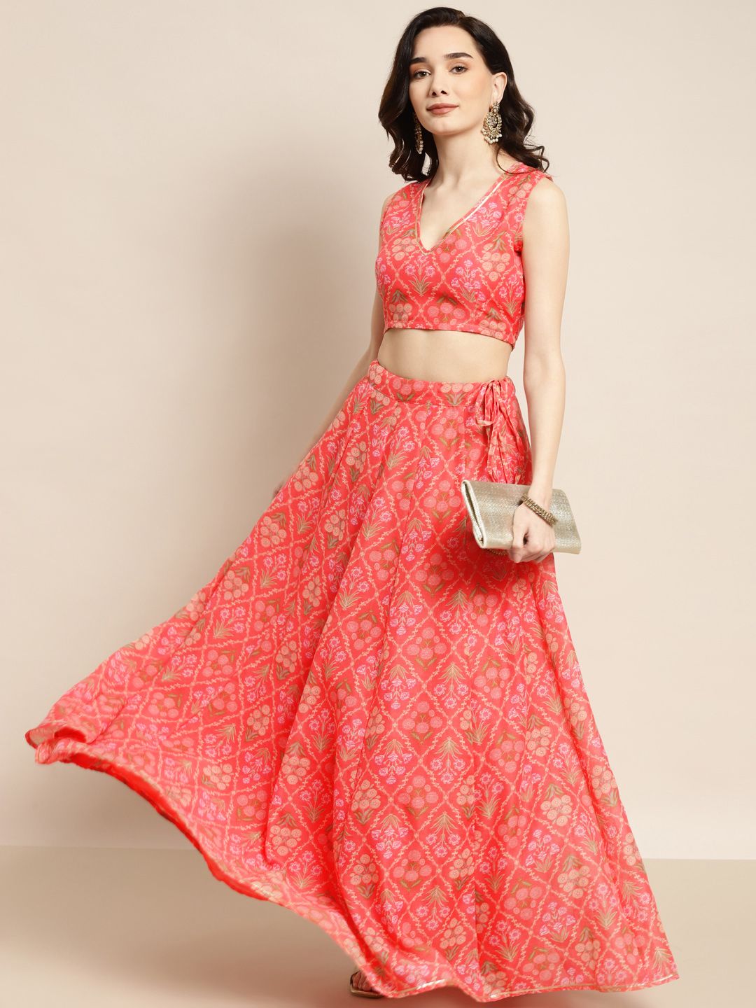 Peach & Olive Green Printed Polyester Lehenga Choli – V-Neck – Gotta Patti