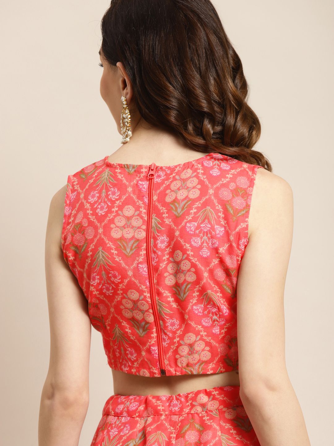 Peach & Olive Green Printed Polyester Lehenga Choli – V-Neck – Gotta Patti