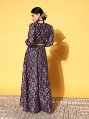 Navy Blue Printed Polyester Lehenga Choli – V-Neck – Flared Hem