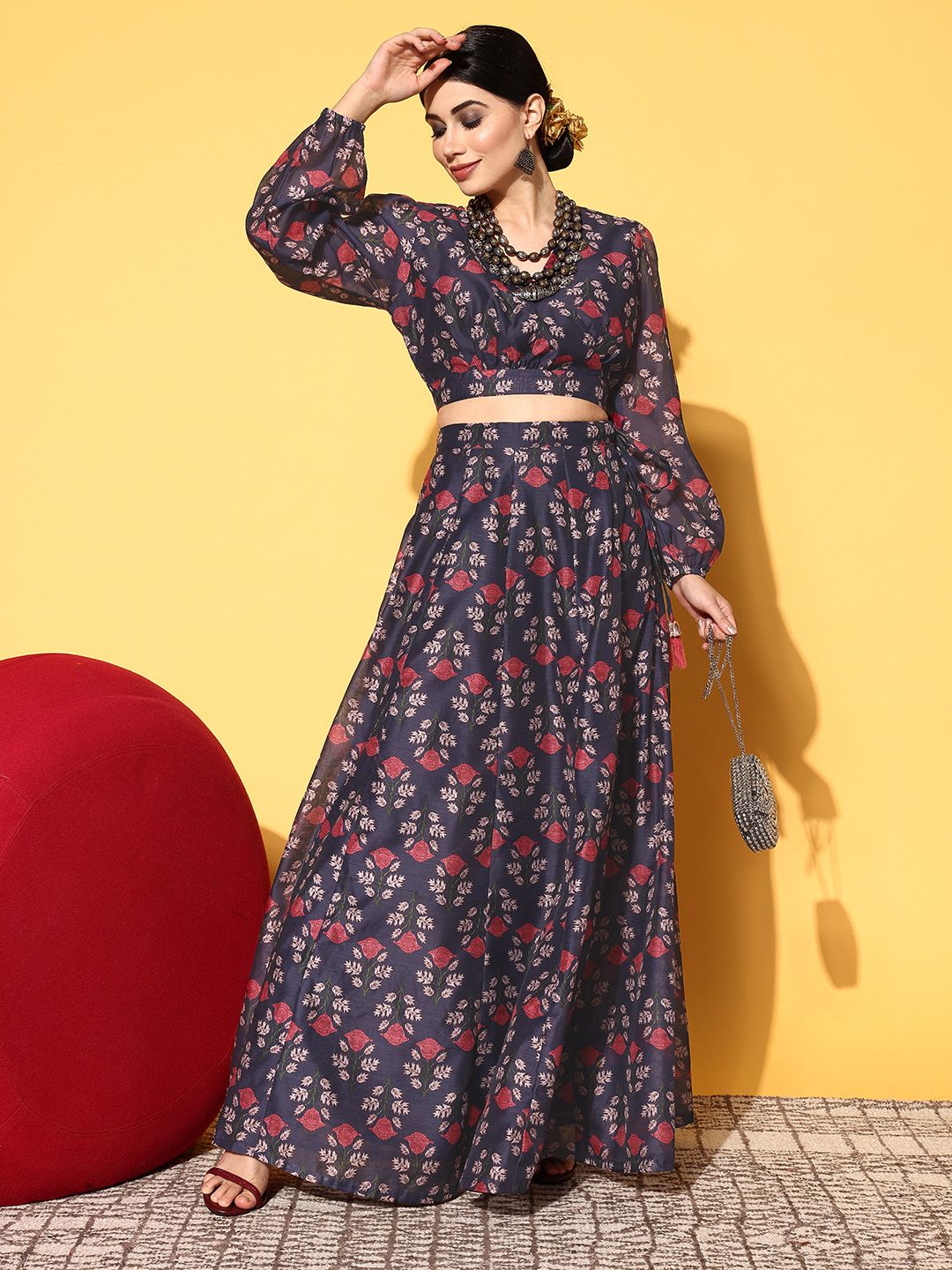 Navy Blue Printed Polyester Lehenga Choli – V-Neck – Flared Hem