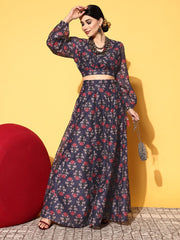 Navy Blue Printed Polyester Lehenga Choli – V-Neck – Flared Hem