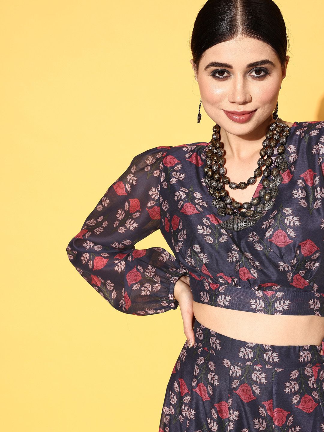 Navy Blue Printed Polyester Lehenga Choli – V-Neck – Flared Hem
