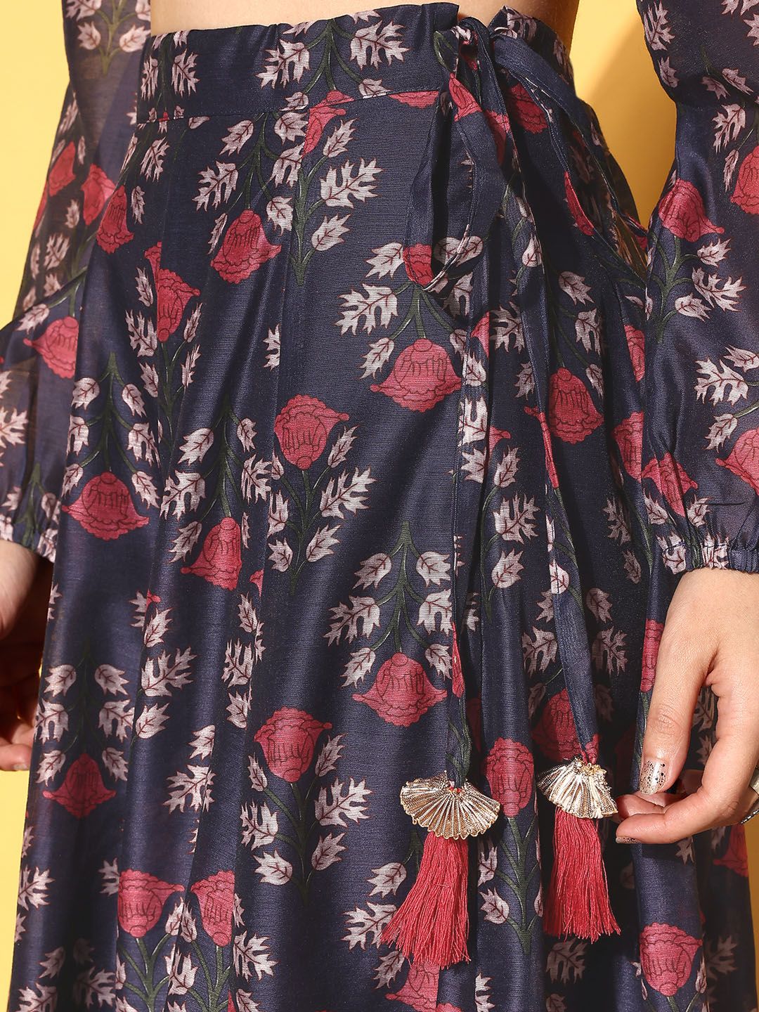 Navy Blue Printed Polyester Lehenga Choli – V-Neck – Flared Hem