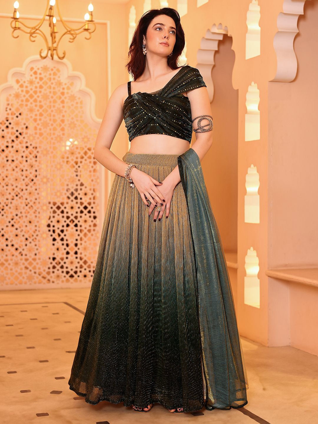 Green & Beige Flared Polyester Lehenga Set – Square Neck – Sequinned