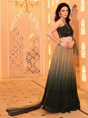 Green & Beige Flared Polyester Lehenga Set – Square Neck – Sequinned