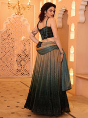 Green & Beige Flared Polyester Lehenga Set – Square Neck – Sequinned