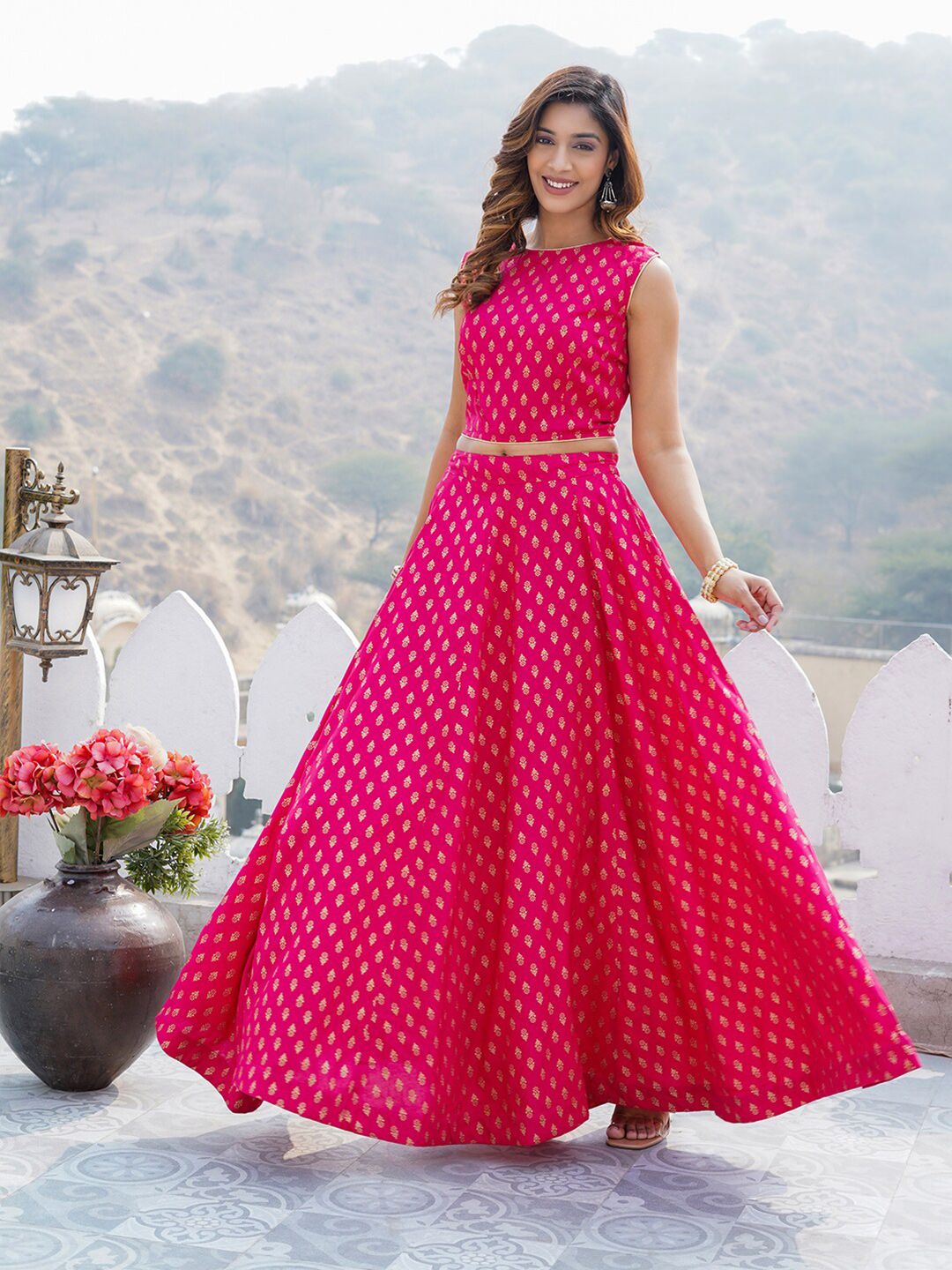 Pink Flared Viscose Rayon Lehenga Choli Set – Round Neck – Foil Printed