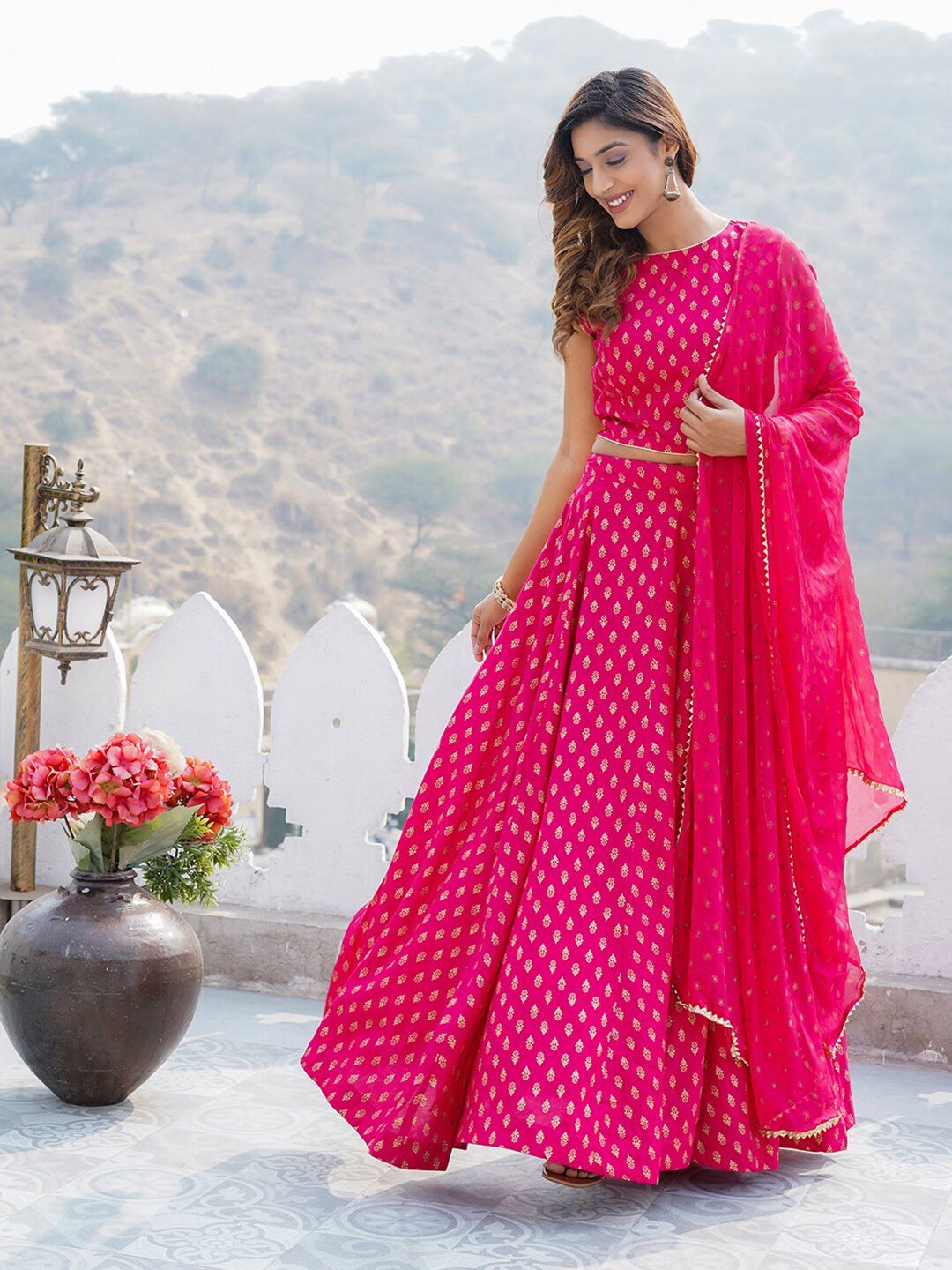 Pink Flared Viscose Rayon Lehenga Choli Set – Round Neck – Foil Printed
