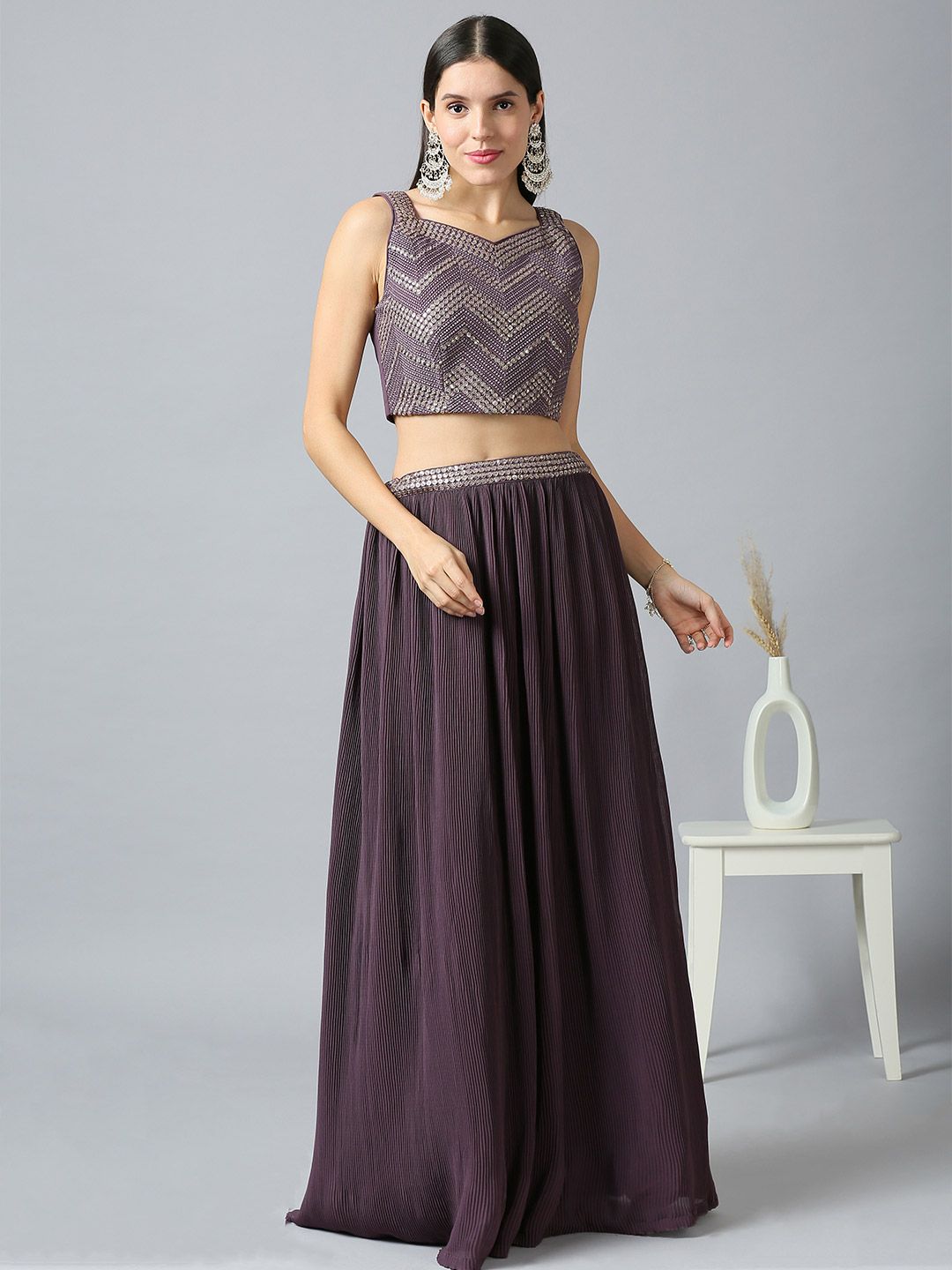 Purple & Silver Khari Printed Poly Georgette Lehenga Set – Sweetheart Neck – Sequinned Embroidery