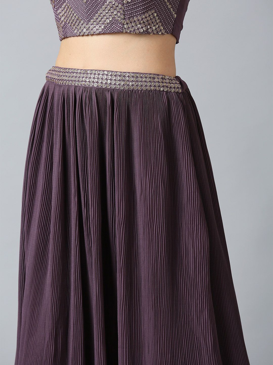 Purple & Silver Khari Printed Poly Georgette Lehenga Set – Sweetheart Neck – Sequinned Embroidery
