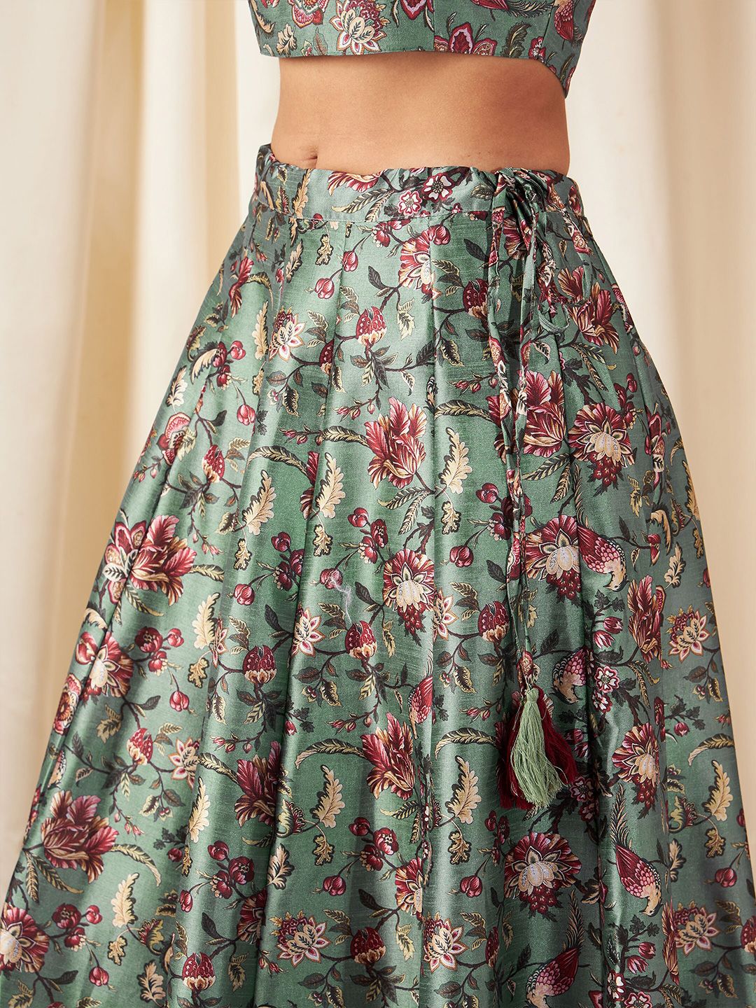 Olive Green & Pink Flared Poly Silk Lehenga Set – Square Neck – Floral Print