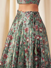 Olive Green & Pink Flared Poly Silk Lehenga Set – Square Neck – Floral Print