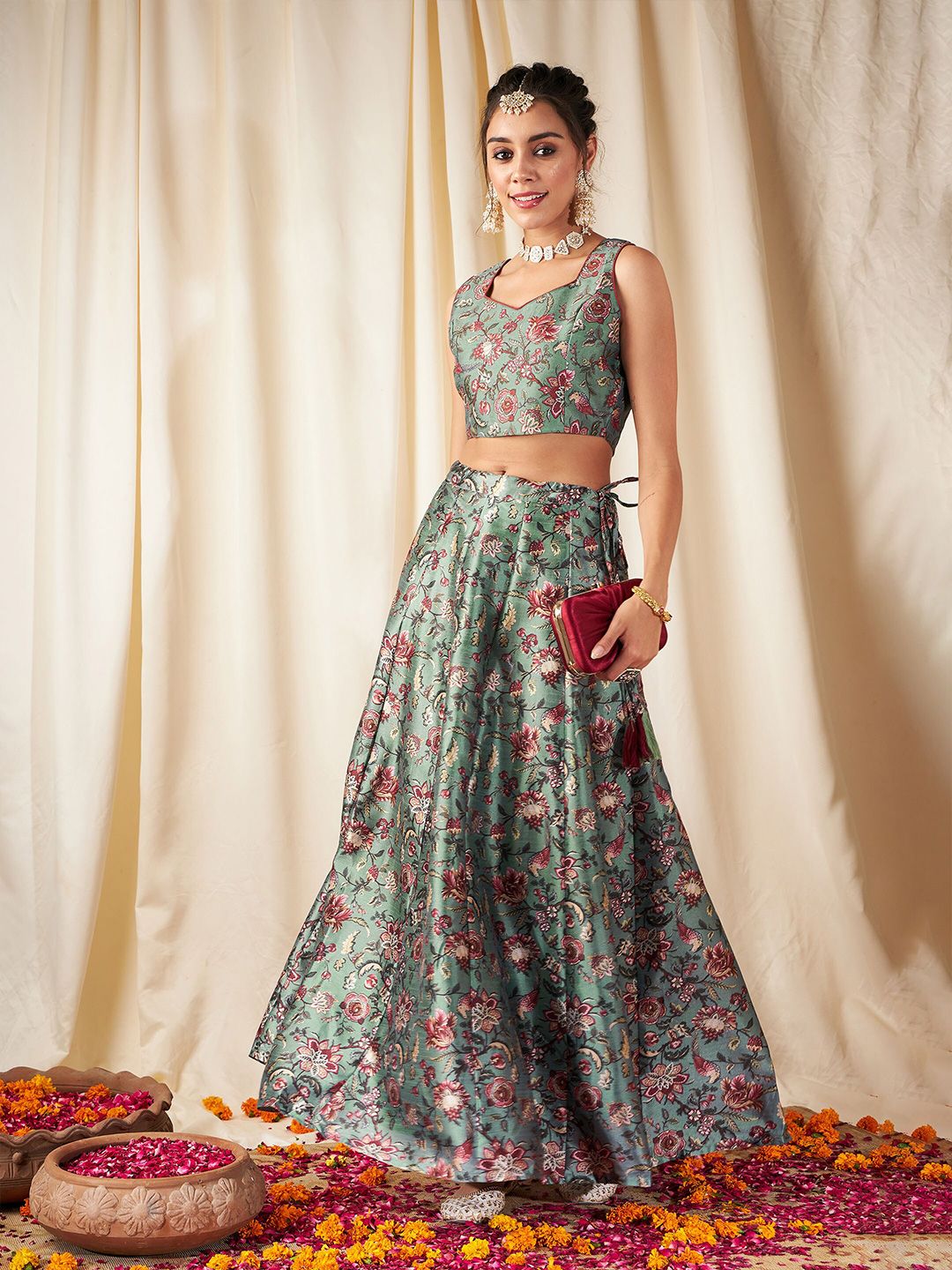 Olive Green & Pink Flared Poly Silk Lehenga Set – Square Neck – Floral Print