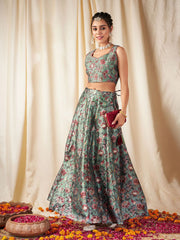 Olive Green & Pink Flared Poly Silk Lehenga Set – Square Neck – Floral Print