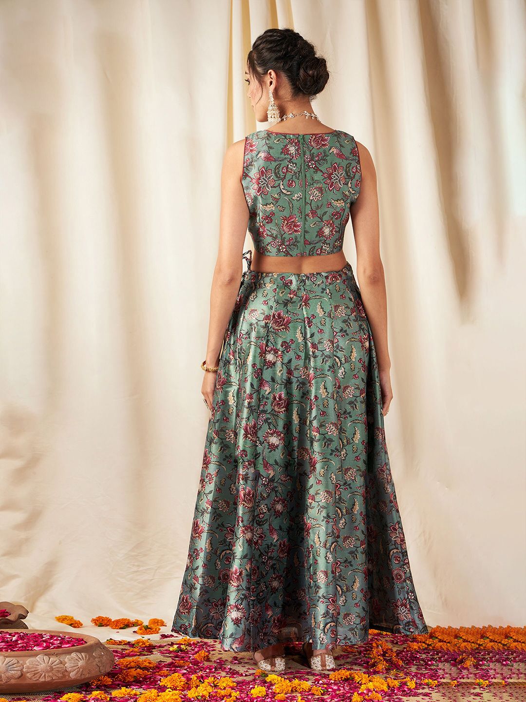 Olive Green & Pink Flared Poly Silk Lehenga Set – Square Neck – Floral Print
