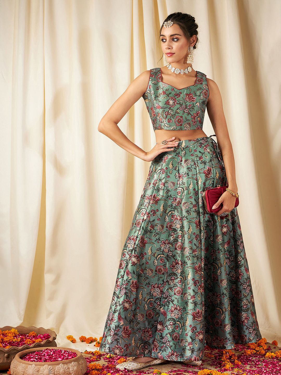 Olive Green & Pink Flared Poly Silk Lehenga Set – Square Neck – Floral Print