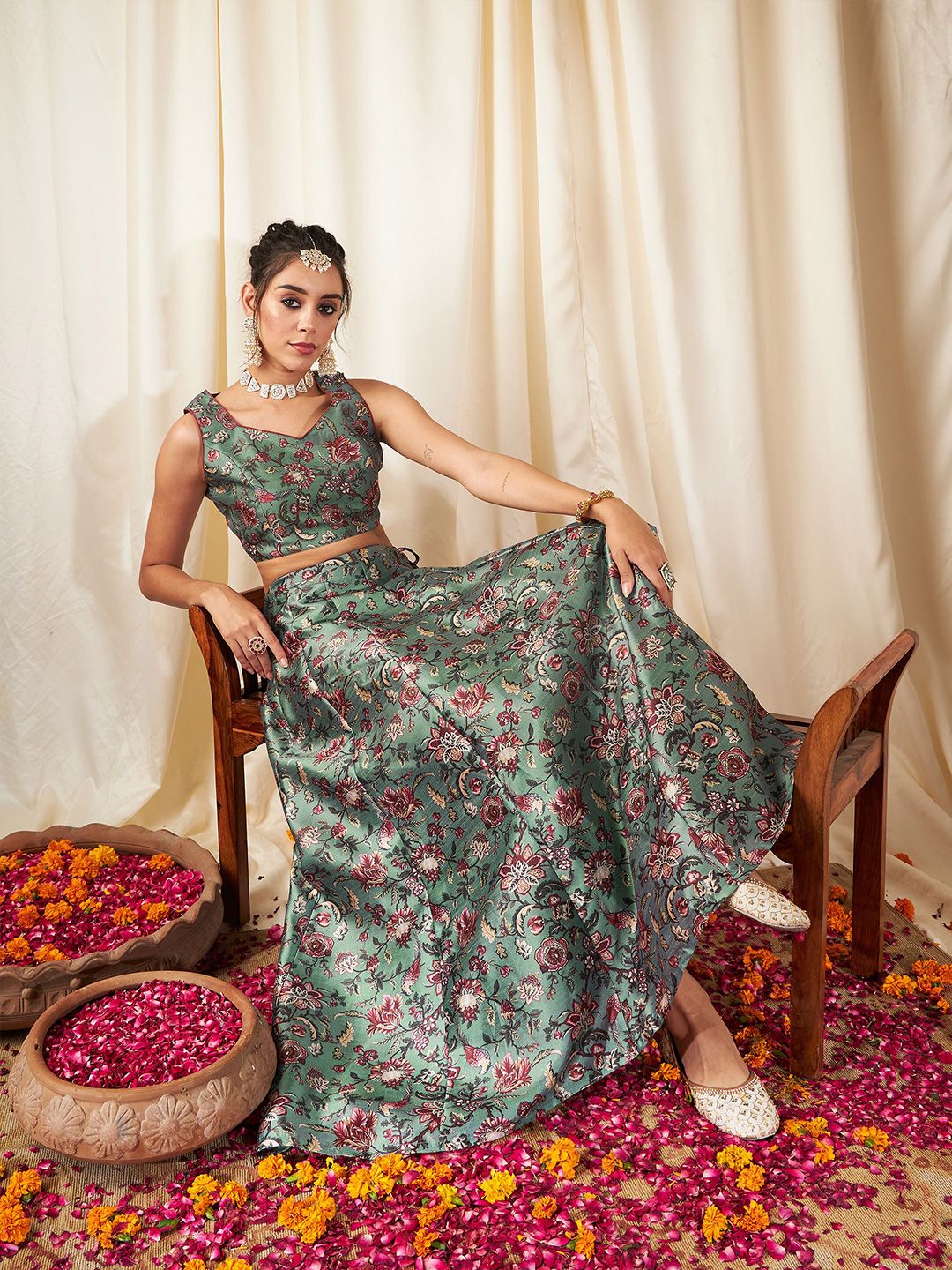 Olive Green & Pink Flared Poly Silk Lehenga Set – Square Neck – Floral Print