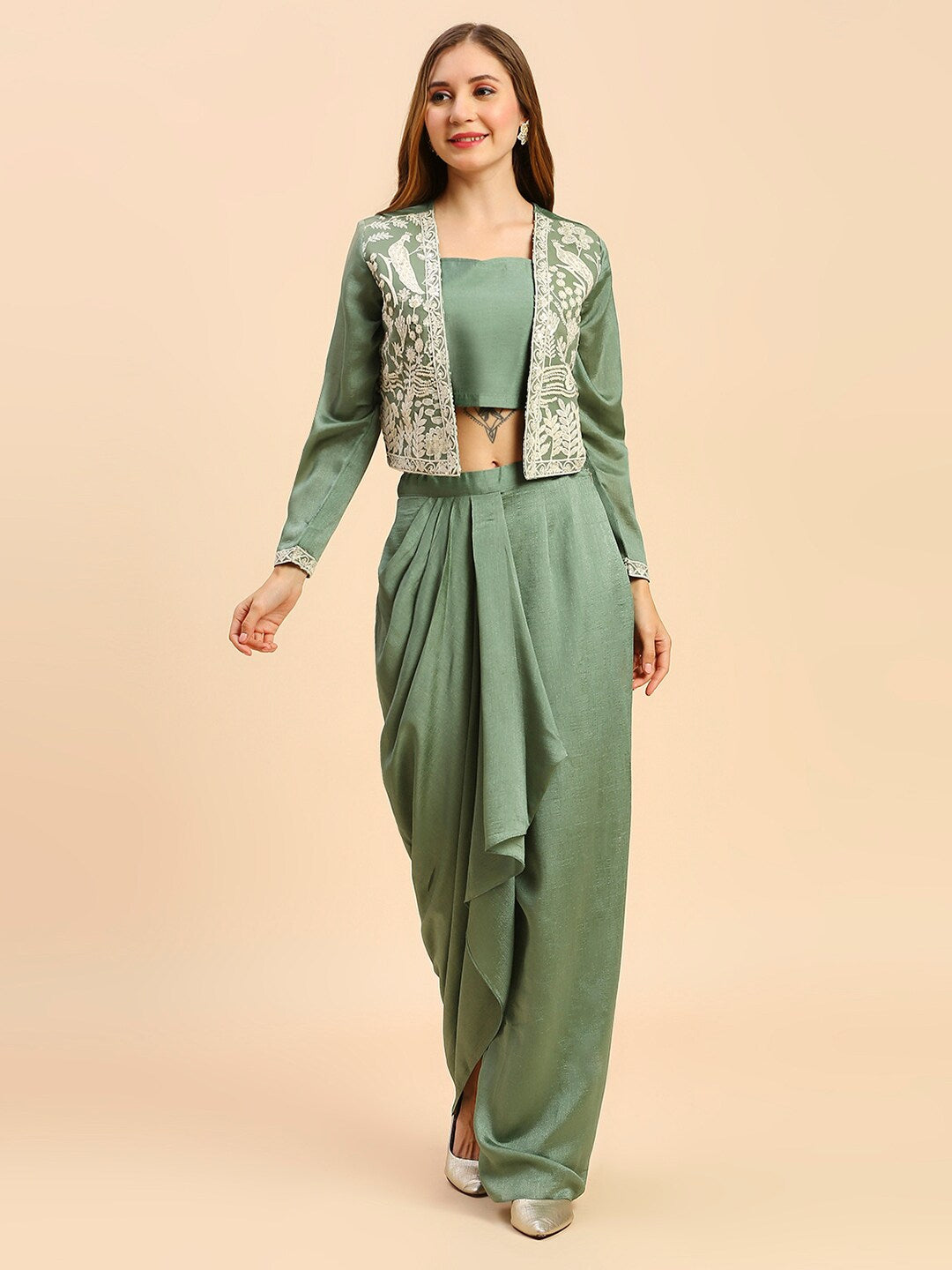 Green & White Silk Lehenga & Choli with Shrug – Square Neck – Thread Work
