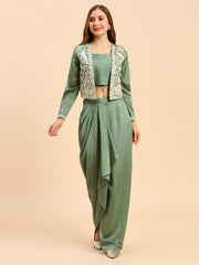 Green & White Silk Lehenga & Choli with Shrug – Square Neck – Thread Work