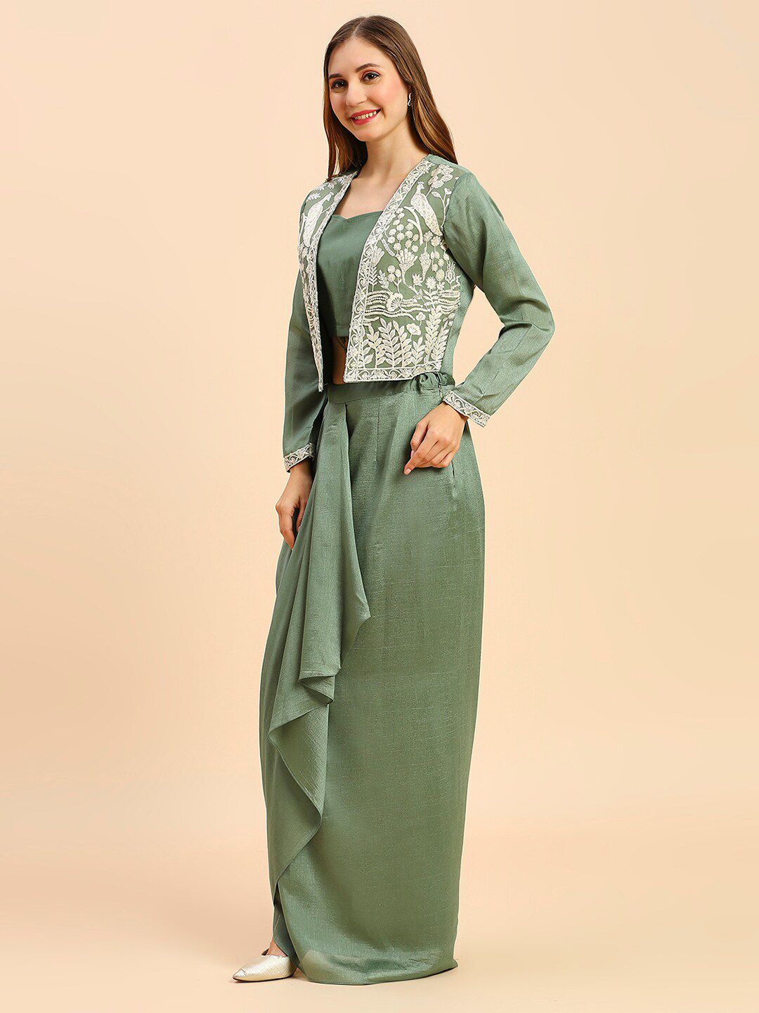 Green & White Silk Lehenga & Choli with Shrug – Square Neck – Thread Work