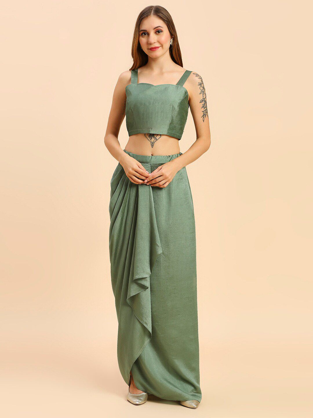 Green & White Silk Lehenga & Choli with Shrug – Square Neck – Thread Work