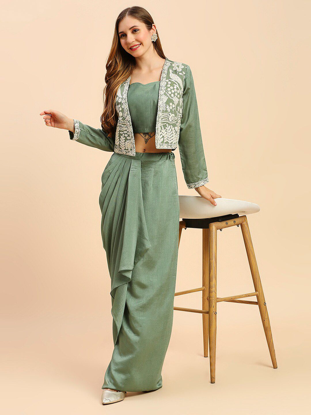 Green & White Silk Lehenga & Choli with Shrug – Square Neck – Thread Work
